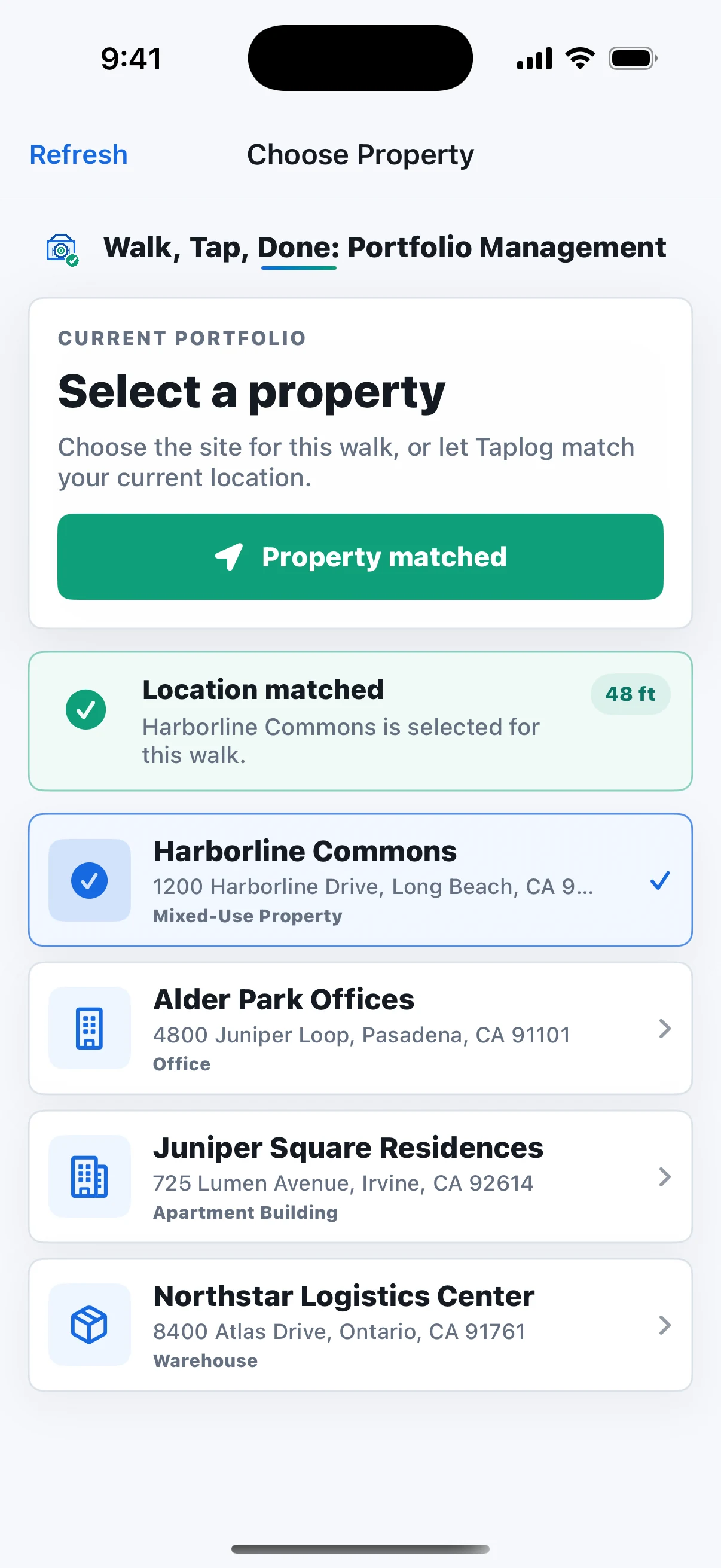 Taplog choosing, capturing, and preparing the correct property issue
